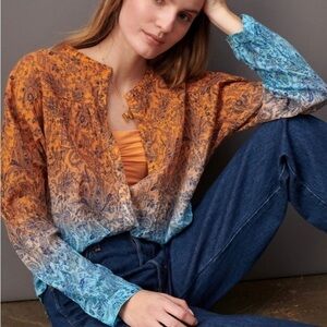 Pilcro Womens Ombre Button Front Blouse size Medium Boho Peasant